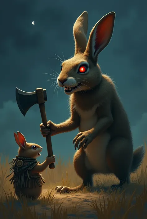 in a field, at night, a huge wild rabbit, standing on two legs, red eyes, with fangs, with claws, in front of a guinea pig, angry, standing on two legs, dressed as an Inca, holding a handmade axe, both preparing to attack
