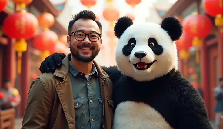 Man and a man in a panda costume，Man of average build ，No beard，Wearing glasses。Together，Spring Festival atmosphere， realistic style ，8k，Portrait Photos，Reality，Real People，Pay attention to details