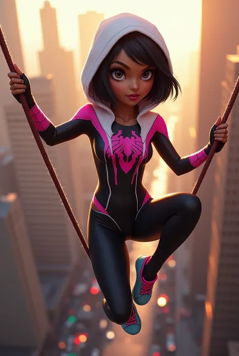 A beautiful Indonesian woman in a Spider-Gwen outfit inspired by the movie Spider-Man: Into the Spider-Verse, climbing a spider web rope with determination and grace. She has radiant brown skin, expressive dark eyes, and short black hair visible beneath he...