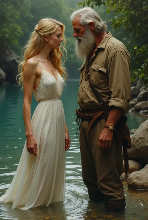 Make a white woman with blond hair thin by marrying a sloppy bearded old man in a river 