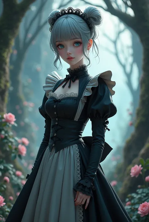  Please draw a maid in a fantasy world。Im about 20 years old 。With gray hair、 Im bundled in a bun 。 my skin is very white 。 my eyes are light blue close to white 。 my clothes are black long skirt maid clothes 。 fuchsia eyes 。