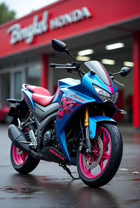  A hyper realistic photo ,  Honda Beat motorcycle macho look, Color mix Blue pink , Air brush Strip, It looks so real , background real bengkel honda, Honda Beat written next to the body, Shot in canon 16K HDR 120FPS DV ultrahd 32k,  no digital noise 