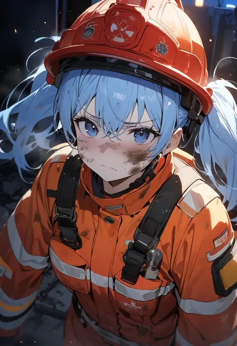 masterpiece,  top quality,    long light blue hair、Female firefighter with twin tails 、  ORANGE FIREFIGHTER UNIFORM  , FIRE EQUIPMENT  , Fire Kit  ,  dirty, tired,   is standing in front of a fire truck,   night view, Dramatic lighting,  heavy air 