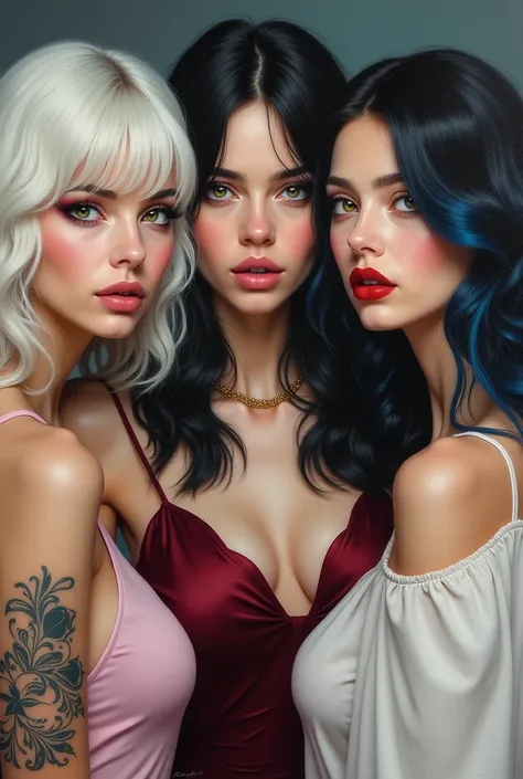  Oil painting of three women, one with wavy white hair and bangs,  black eyes and flushed cheeks ,  half-open pink lips ,  dressed in light pink silk dress . Another with gray eyes and lenses ,  straight black hair ,  short on the shoulders , Red lips,  dr...