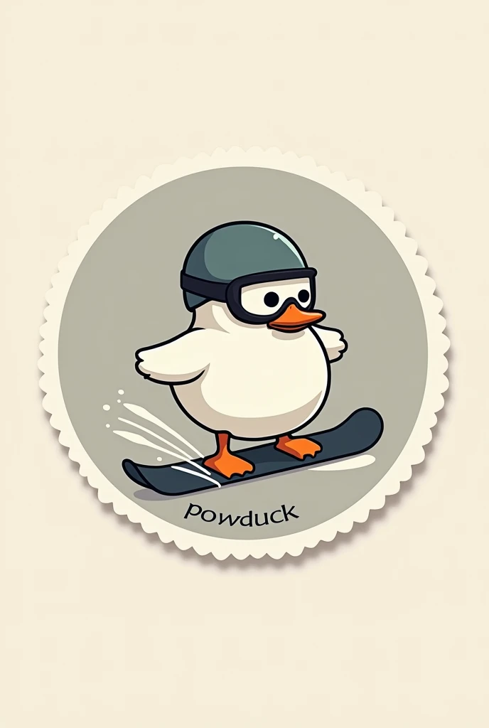  A duck that looks as simple as possible in the form of a round sticker, Wear goggles and helmet while riding on a snowboard,  holding both arms at the bottom ,   "POWDUCK" Letter layout , Ducks look a bit creepy