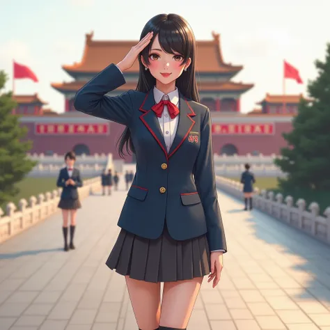  uniforms, , and knee-high socks against the backdrop of Tiananmen。 black hair。(((Shihyun Hair )))。 Friendly Smiles 。(((Beautiful Chinese woman saluting )))