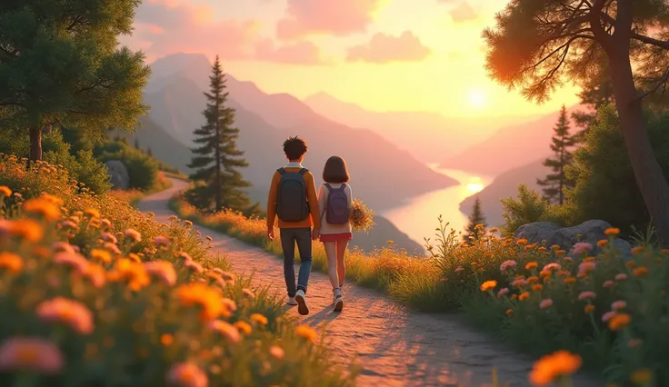  3D animation style mountain path in the twilight
The afterglow of the sunset falls on the winding path，Lovers walk side by side ， Girl holding a bouquet of wild flowers ， Boys jacket on the girls shoulder 。 Surrounded by trees and wild flowers dyed yellow...