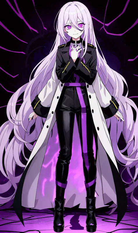 An androgynous boy with long hair , bright white purple hair , light purple eyes shining,Expression on the face of despair,Hands touching head,gloomy look , desperate and crazy smile,Long black open trench coat with yellow edges,Dark red shirt , white ankl...