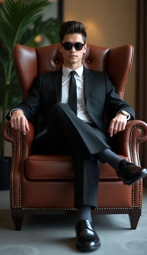 A young man in a black business suit sits in a leather armchair, sunglasses, Business shoes 