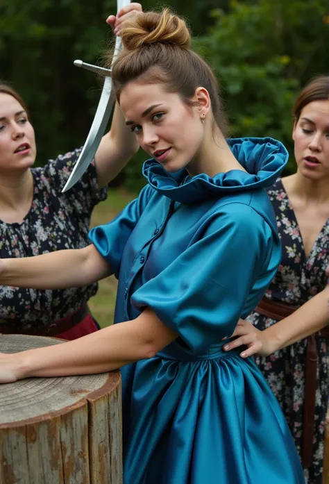 (realistic photograph close up sideways NSFW), (a pleased beautiful European orgasm++ lady with (messy hair bun), she is wearing (an elaborate big shiny blue silk gown with (long gigantic puff sleeves), (and an ultra high narrow stand-up collar with a giga...