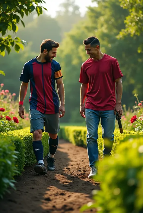 Lional Messi with Cristiano ronaldo work in garden 