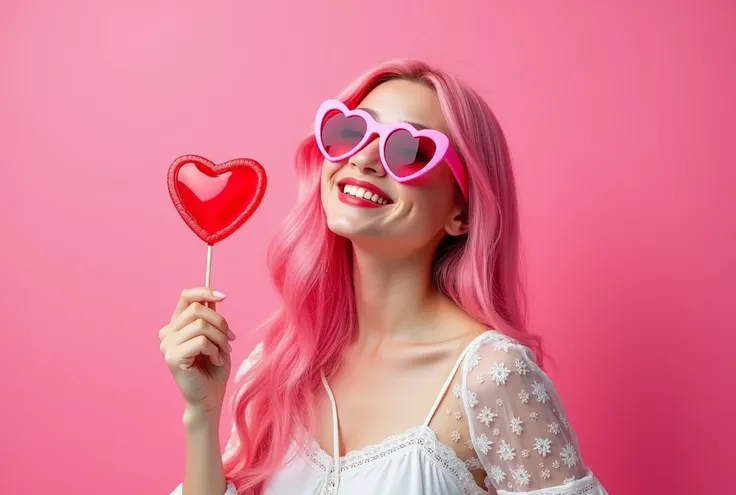 Woman with pink hair (color:1.2), (style:1.1), wearing heart-shaped sunglasses (color:1.2), and a white eyelet blouse(detailed clothing:1.2).  She is holding a red heart-shaped lollipop on a stick (accessories:1.1).  Her expression is joyful and she is loo...