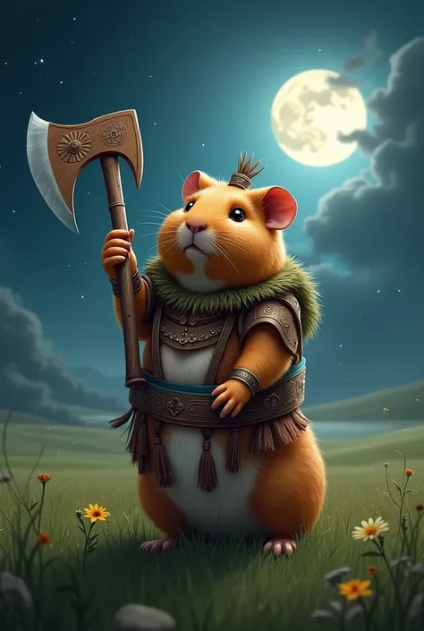 in a field, at night, a guinea pig, angry, standing on two legs, dressed as an Inca, holding a handmade axe, preparing to attack
