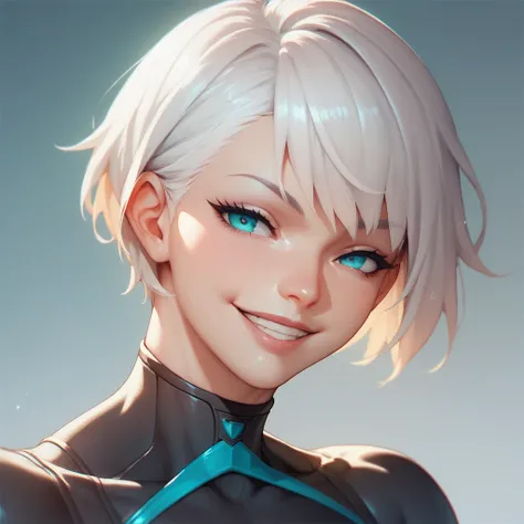 woman,  white hair,  short hair style with bangs ,  definite athletic physique, Wearing black compression bodysuit,  cyan eye color ,  smiling maliciously , naughty smile,  anime art 