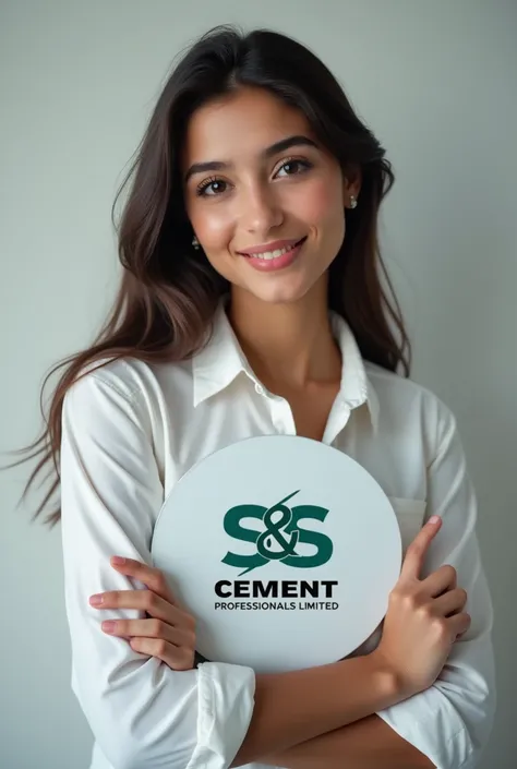 A beautiful Pakistani girl standing with logo of S&S Cement Professionals Limited 