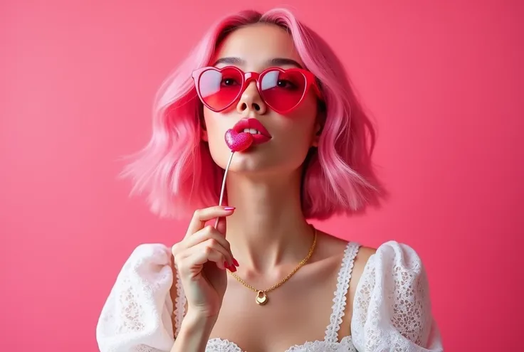 Young woman, light-skinned, mid-20s, with vibrant pink hair styled in a bob, wearing a white, lacy, eyelet blouse with puffed sleeves, holding a heart-shaped lollipop, smiling brightly, looking upward, wearing heart-shaped red sunglasses, against a solid b...