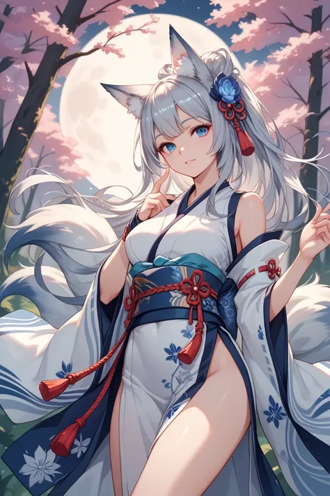 Silver haired kitsune, deep blue eyes, large proportions, moon in background shining onto a forest scene, dressed in traditional Japanese clothing.