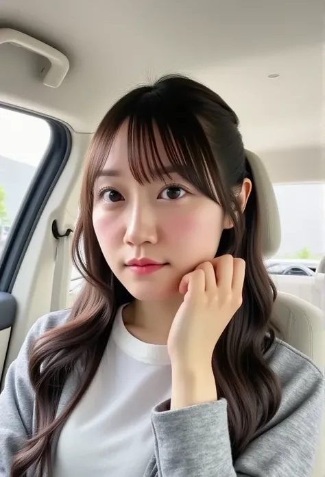  There was a woman sitting in the car，Put your hand on your cheek,  girl cute pretty face , Chiho,  with a pretty face - pretty face ,  cute natural anime face , 8k!!, 🚿🗝📝, shikamimi,  cute - nice - face 