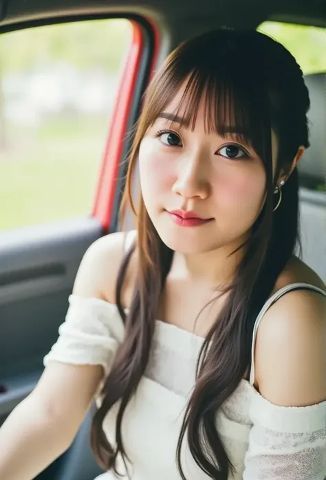  There was a woman sitting in the car，Put your hand on your cheek,  girl cute pretty face , Chiho,  with a pretty face - pretty face ,  cute natural anime face , 8k!!, 🚿🗝📝, shikamimi,  cute - nice - face 