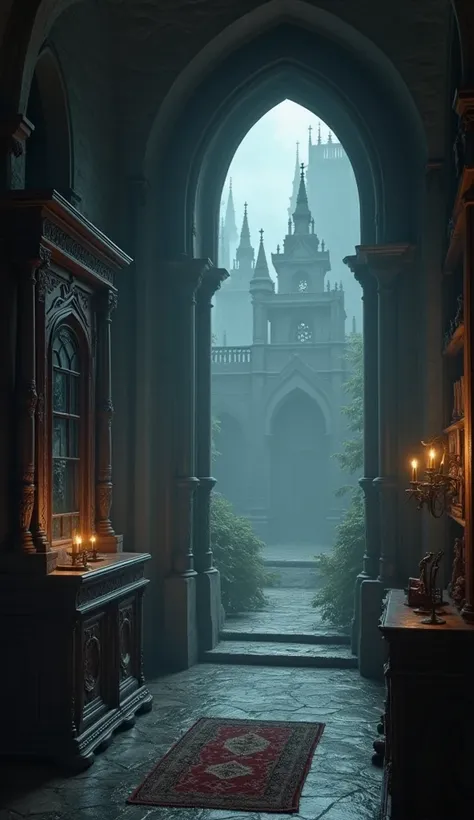 "A dark, atmospheric interior with antique wooden furniture, intricate carvings, and a faint, mysterious fog filtering through the air. The lighting is dim, with a moody and ethereal ambiance. The background includes subtle details of shelves, ornate objec...