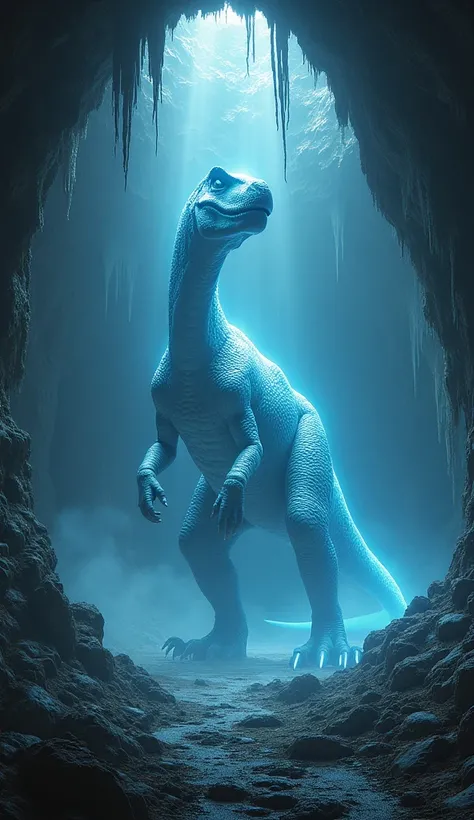 (A large, glowing dinosaur stands inside the cave.)