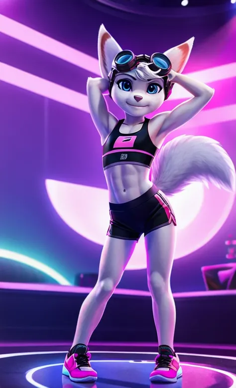 Rivet, tail, furry girl, 1girl, solo, young, pink sport shorts, pink sport bra, black soccer shoes, inside livingroom, dancing, listening to music wearing headphones, detailed body fur, detailed body, detailed eyes, detailed face, athletic, skinny, high qu...