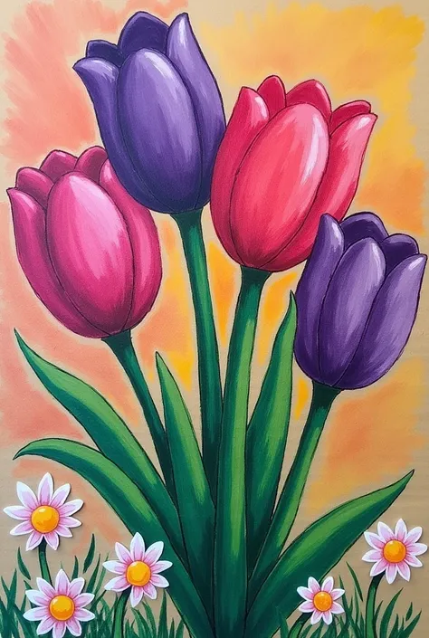 Tulips drawn on a piece of cardboard and colored with pastel crayon that has a little more color behind the tulips and that looks prettier and harder to make but that the tulips are a lot like a bouquet and take away some of the realism and that some tulip...