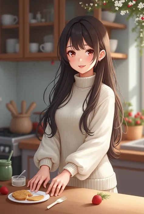         Asian Style、 Korean Style Idol 、 1 cute girl ,          my hair is long     、     my hem is wavy     、   My hair is parted in the middle     、 Im wearing a white high neck sweater  ,    Im making Christmas cake in my simple kitchen、 long hair, smil...