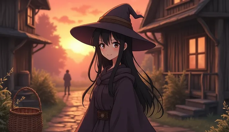 8k、 high school girl、 mature、smile、 dark brown robe、Three-cornered hat、 medieval Europe with wooden basket、 Another World、adventure、evening、Sunset、 romantic、Mysterious、Anime 2D Style、Lo-Fi、LoFi、アニメ調Illustration、Illustration