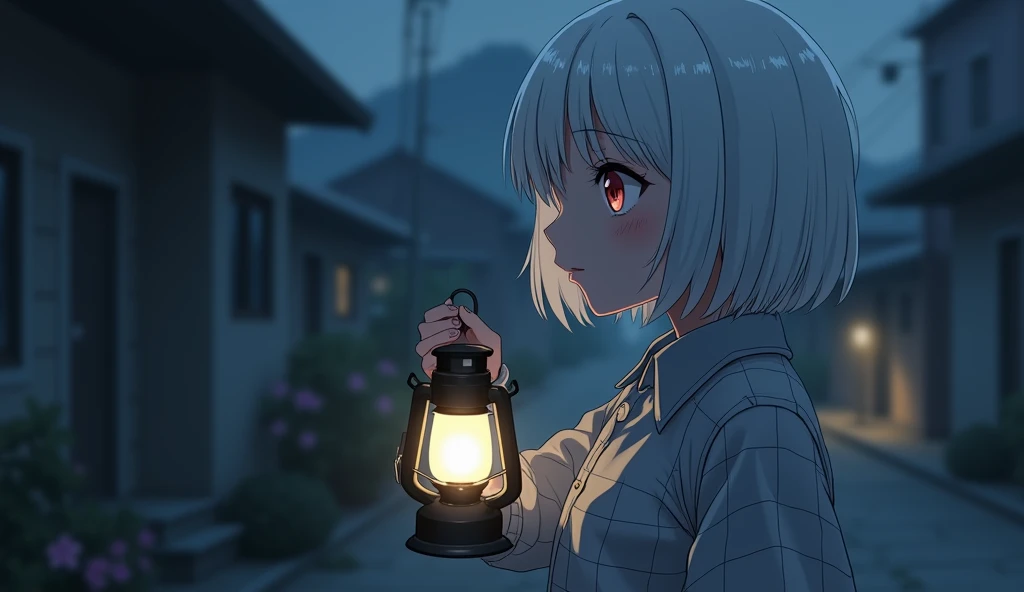 A girl without a face , with short,  with white hair up to the chin ,  looking away ,  in a light gray checkered shirt, , the upper button is unfastened ,  with evening lighting , фонаря, half tall,  flashlight in light jeans ,  in black and white ,  anime...