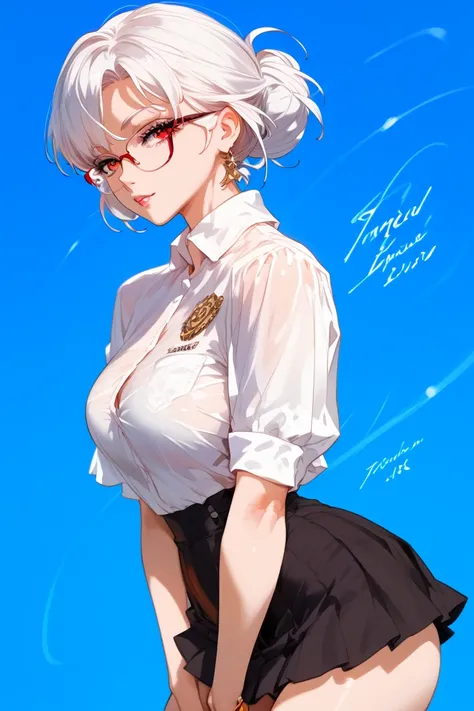 1 woman, Short white hair, Bright red eyes , Wear a shirt , Wear a short skirt, , wear vintage glasses ,  sensual posture ,  boobs, ,  Masterpiece,  high definition , precise,  anatomically correct,  Wild  Flooring, Solid color background , Slim figure, On...