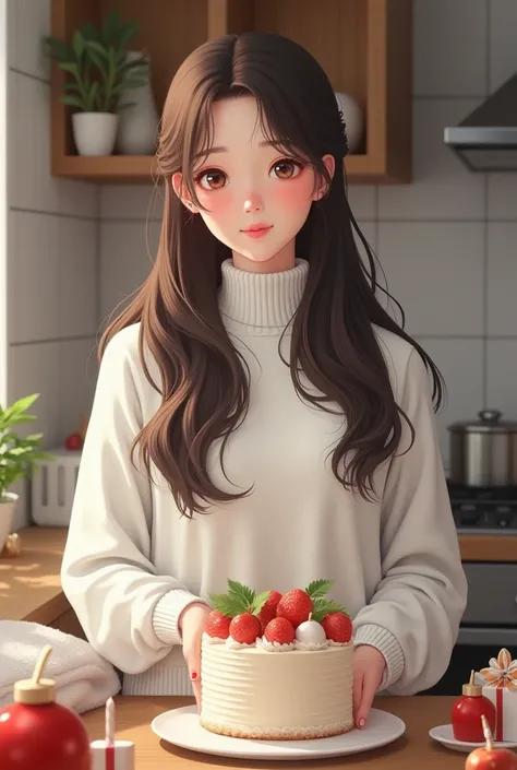         Asian Style、 Korean Style Idol 、 1 cute girl ,          my hair is long     、     my hem is wavy     、   My hair is parted in the middle     、 Im wearing a white high neck sweater  ,    Im making Christmas cake in my simple kitchen、 long hair, smil...