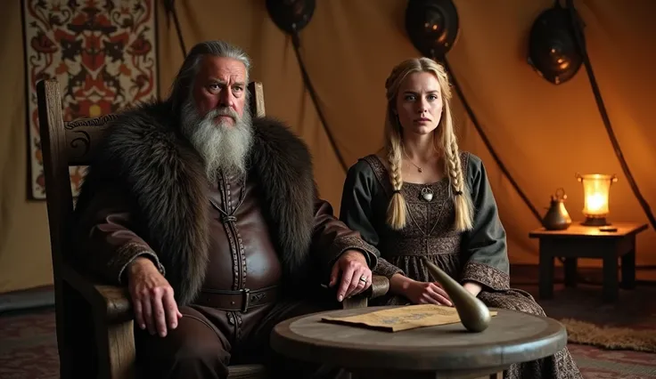 A mid-shot of King Gorm the Old and Queen Thyra sitting together inside a Viking camp tent. King Gorm, a sturdy older man with a thick gray beard and braided hair, wears a fur-lined cloak over a leather tunic, his hand resting on the arm of a carved wooden...