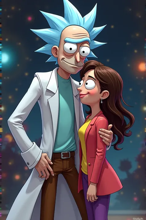 rick sanchez, black eyes, blue hair, white labcoat,brown pants, looking at viewer, fucking Beth Smith , playful ambiance,  high quality, masterpiece,  