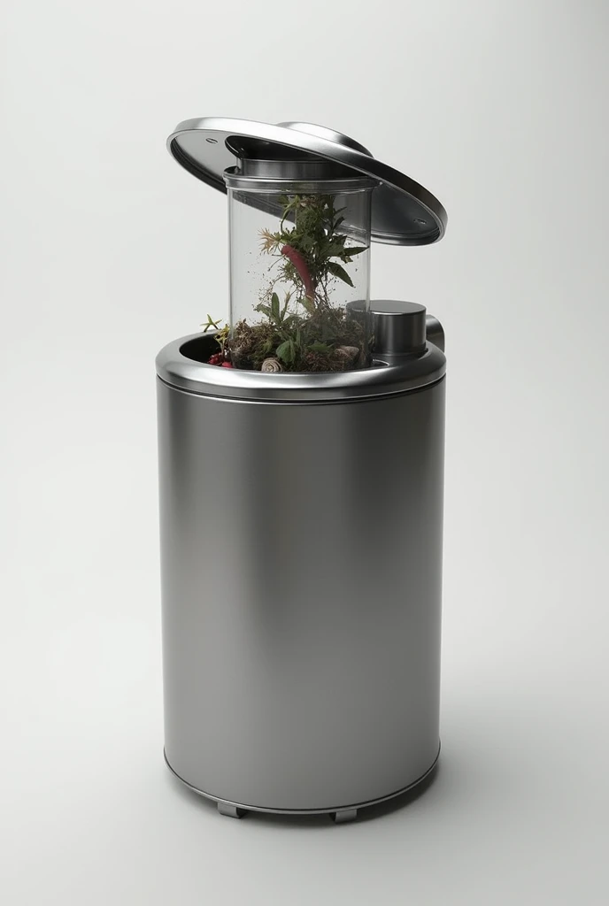 A steel trashcan with a freeze dried on the cover as trash dryer with a blender inside to blend trash and a compartment for trash compile under. All merge together