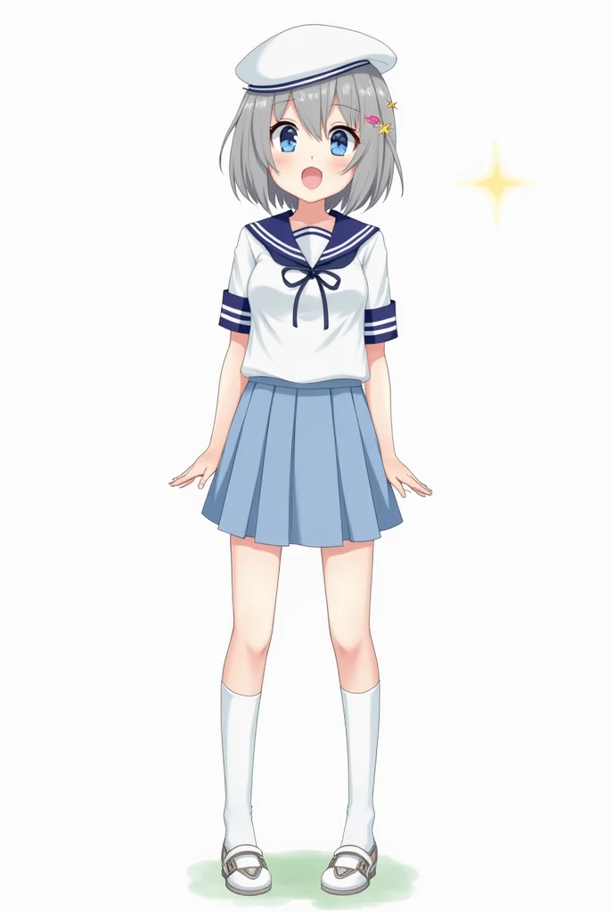  1 girl,  medium cut , sailor suit,Gray Hair, cute,Character portrait,True Face,Light blue skirt,Captain&#39;s hat, Knee High Socks,Shoes,18 years old, star hairpins , Big Breasts ,  blue eyes, Open mouth laughing、whole body,Symmetrical, 