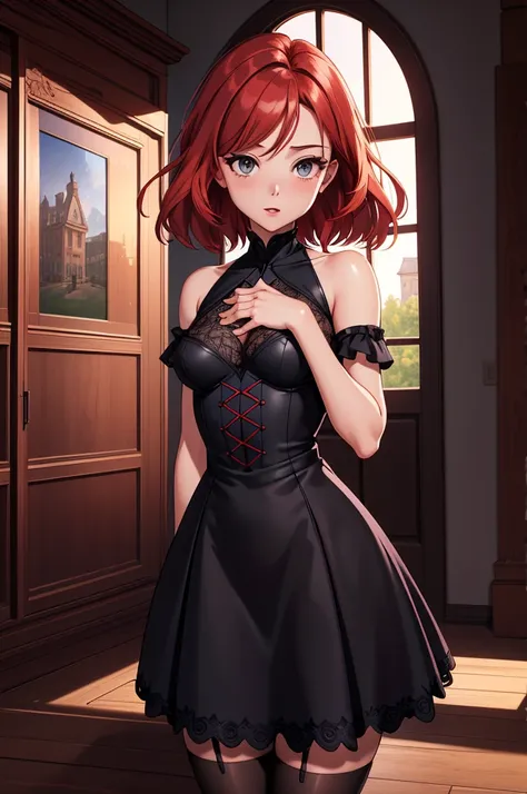 (extremely detailed CG unity 4k wallpaper),(masterpiece),(best quality),(ultra-detailed),(best illustration),(best shadow),(absurdres),(Detailed background), Android woman, Ashen skin, Grey eyes, Shoulder length red hair, 1950s black dress, petite, Stockin...