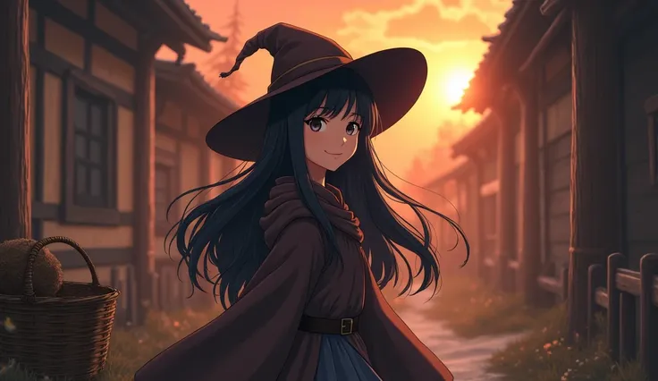 8k、 high school girl、 mature、smile、 dark brown robe、Three-cornered hat、 medieval Europe with wooden basket、 Another World、adventure、evening、Sunset、 romantic、Mysterious、Anime 2D Style、Lo-Fi、LoFi、アニメ調Illustration、Illustration