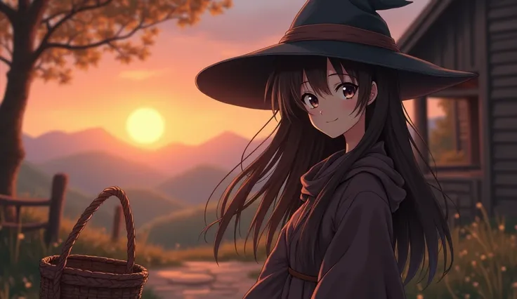 8k、 high school girl、 mature、smile、 dark brown robe、Three-cornered hat、 medieval Europe with wooden basket、 Another World、adventure、evening、Sunset、 romantic、Mysterious、Anime 2D Style、Lo-Fi、LoFi、アニメ調Illustration、Illustration