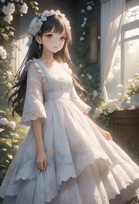 a close up of a woman in a white dress standing in a room, cute anime waifu in a nice dress, loli in dress, dreamy and detailed, guweiz, palace ， a girl in hanfu, beautiful anime girl, romantic dress, artwork in the style of guweiz, beautiful anime style, ...