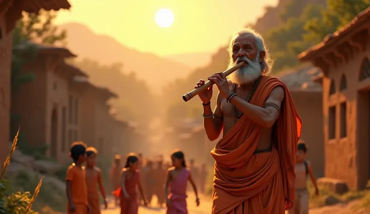 Generate 3d animated image of a extra wide shot of a olden Indian village street in the valley and a old man aged 60 years playing flute and walkinh and so many  ren following him in sunset time 