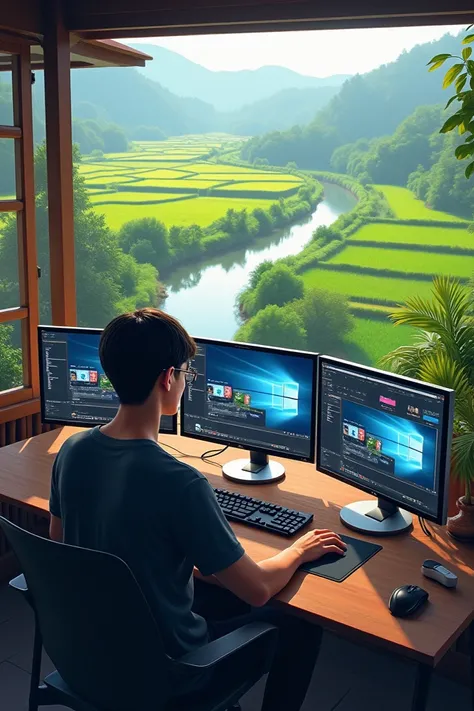 a man wearing glasses with straight thin hair is facing several computers and is editing a video, with  Letter "Kang Mask" with a view of the rice fields from the terrace of the house in front of which there is a clear river flowing