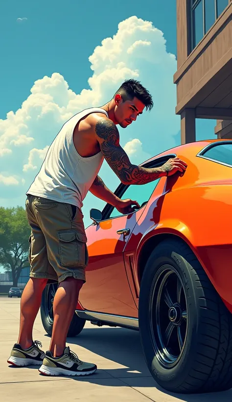 Cars are fun、Don&#39;t build a new muscle car, build your favorite muscle car、An real picture illustration、Rear of the muscle car、Back view of a handsome korean man,wearing  white tank top,short cargo pant ,wearing shocks and sneaker, muscular body with ar...