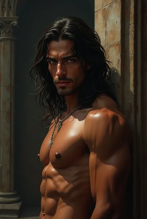 sexy Duke, deep tan, long hair, gothic.