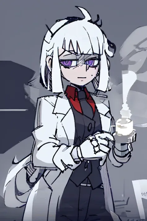  white-haired woman , scientists, Lilac eyes,  holding a cup of coffee, sharp look,  playful smile 