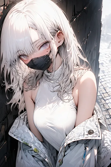 flat breast, long hair, Alone, white hair, white sweater, bare shoulders, open jacket white, denim short, black face mask, leaning against the wall,  high resolution, masterpiece,  anatomically correct ,  ultra high definition ,  smooth skin, Under eye spo...