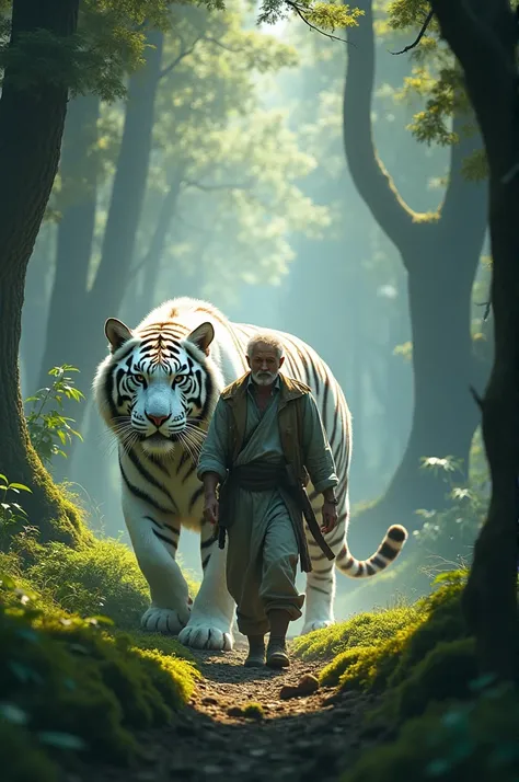 Man walks in the forest with a giant white tiger.