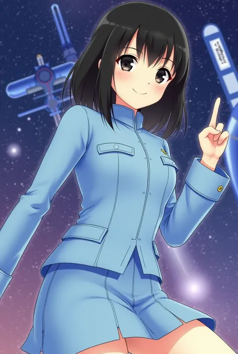 ( higher resolution , distinct_{{image),  Best Quality , masterpiece,  crotch , semi-realistic,  a woman with shoulder-length black hair, black pupils, maduro,  mature woman, Imperial sister, sexy,  short hair, Triple fringe, light blue uniform, light blue...