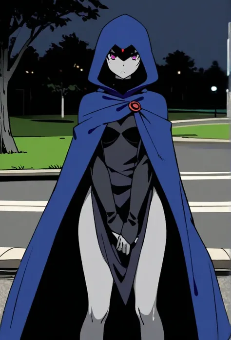 1girl, solo, raven (dc), purple eyes, purple hair, grey skin, forehead jewel, blue cape covering whole body, cape touches the ground. long blue cape, standing, night, park, hood covered head, Masterpiece, Best Quality, 