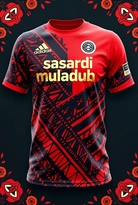 A short sleeve sports t-shirt in red and black and with white stripes with indigenous geometric elements with a spectacular design with the phrase SASARDI MULADUB in gold color and white border